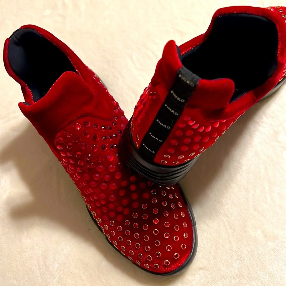 PINKO. Red Rhinestone and Studded High-Top Sneakers. NWOT. Size 39/8 Italy